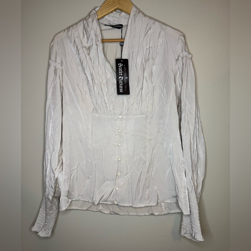 Scarlet Darkness Button‎ Front Blouse Smocked Sleeve L NWT